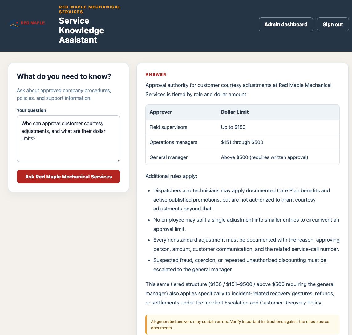Red Maple Knowledge Assistant displaying a sourced answer in a formatted table